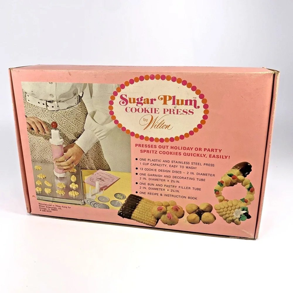 Vintage Wilton Sugar Plum Cookie Press Pink White 12‎ Disc 3 Cones NEW-UNUSED